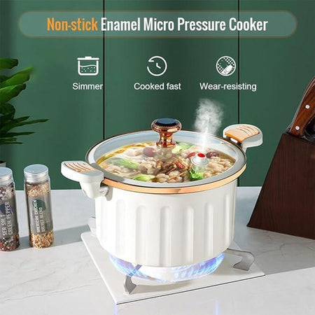 Non-Stick Enamel Micro Pressure Cooker - 2.11 Gallon Large Capacity with Push-Pull Lock for Soups and Stews - Oval Stainless Steel Cookware in White