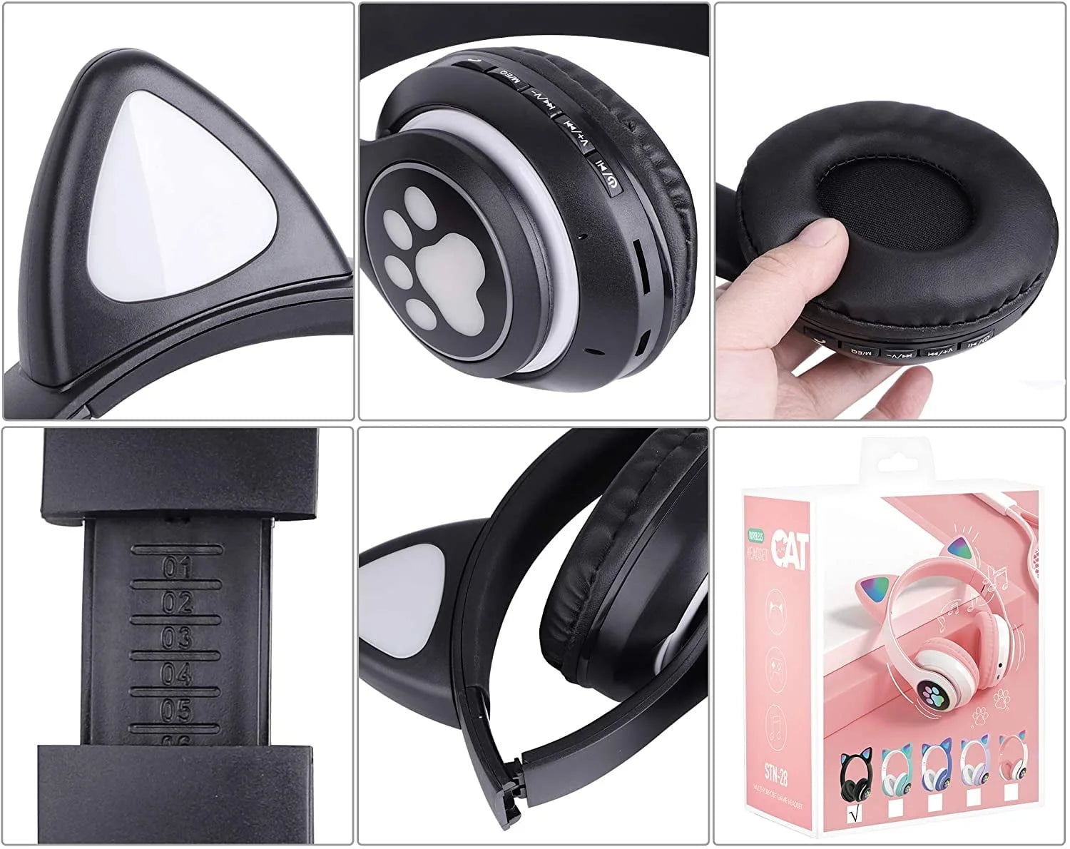 Kids Headphones, Wireless Headphones Cat Ear LED Light up Bluetooth Foldable Headphones over Ear W/Microphone for Online Distant Learning (Black) Christmas Birthday Gift for Boys