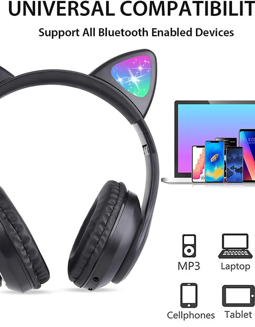 Load image into Gallery viewer, Kids Headphones, Wireless Headphones Cat Ear LED Light up Bluetooth Foldable Headphones over Ear W/Microphone for Online Distant Learning (Black) Christmas Birthday Gift for Boys
