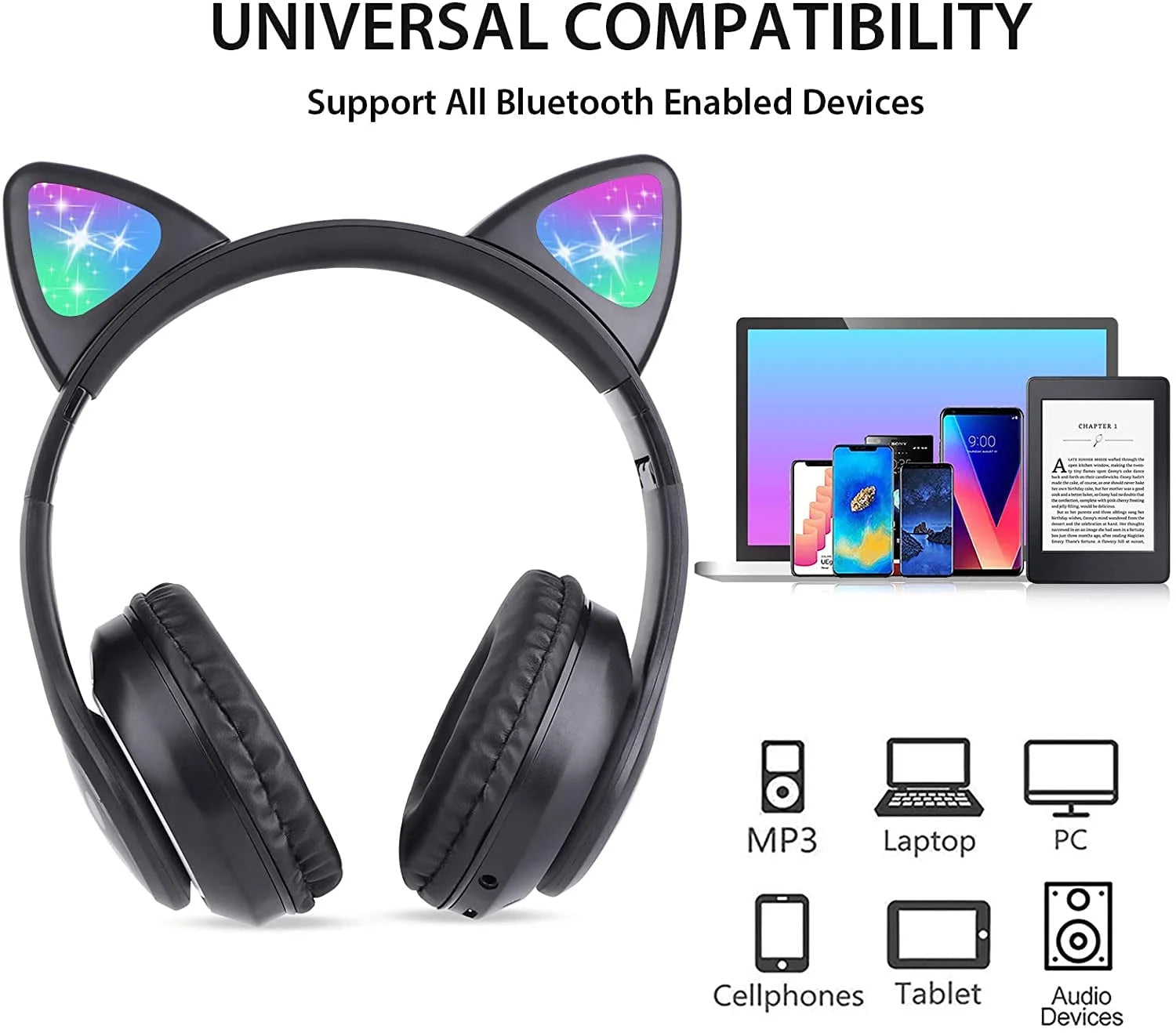 Kids Headphones, Wireless Headphones Cat Ear LED Light up Bluetooth Foldable Headphones over Ear W/Microphone for Online Distant Learning (Black) Christmas Birthday Gift for Boys