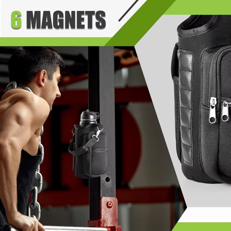 Magnetic Water Bottle Carrier with Phone Pocket and Shoulder Strap - Features 6 Built-In Magnets