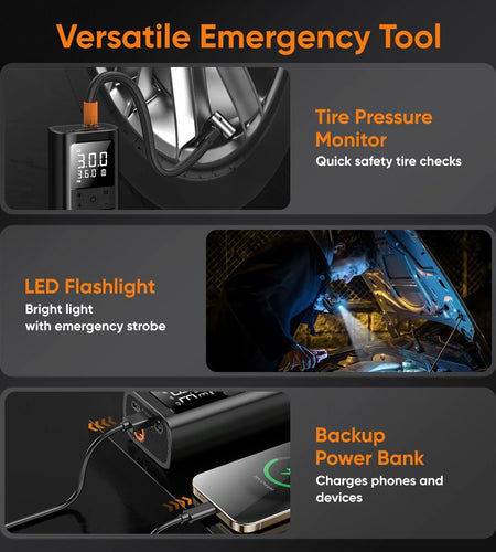 Tire Inflator Portable Air Compressor - 150PSI & 10000Mah Cordless Air Pump with Digital Tire Pressure Gauge, Accurate Dual LCD Display & LED Light, Portable Air Pump for Car/Motorcycle/E-Bike