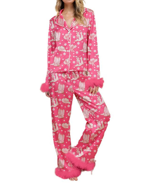 Load image into Gallery viewer, Women&#39;s Holiday Pajama Set with Santa Claus, Christmas Tree, and Boots Print - Plush Cuff Top and Pants for Festive Home Wear
