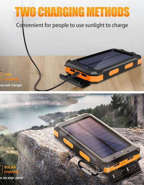 Load image into Gallery viewer, Solar-Powered Portable Charger with Dual USB Output and Flashlight, Wireless Car Charging Capability, Ideal for Travel and Electronic Devices
