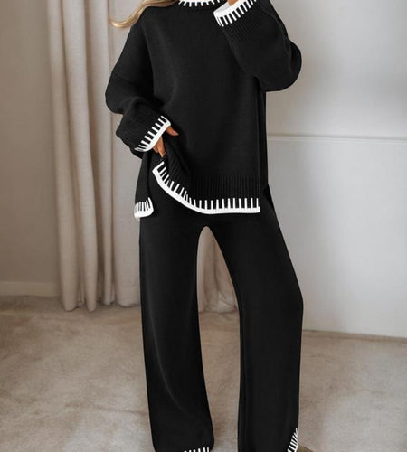 Women's 2-Piece Sweater Set: Long Sleeve Colorblock Crew Neck Top and Wide Leg Pants for Casual Fall and Winter Wear