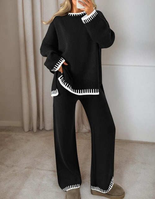 Load image into Gallery viewer, Women&#39;s 2-Piece Sweater Set: Long Sleeve Colorblock Crew Neck Top and Wide Leg Pants for Casual Fall and Winter Wear
