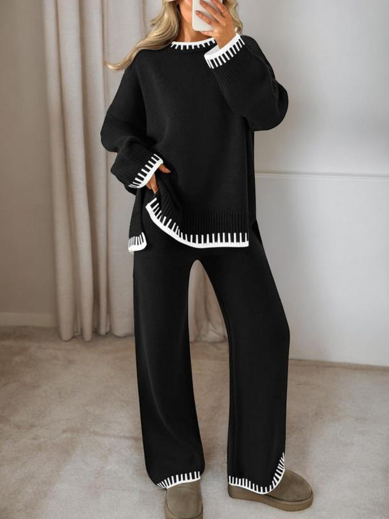 Women's 2-Piece Sweater Set: Long Sleeve Colorblock Crew Neck Top and Wide Leg Pants for Casual Fall and Winter Wear