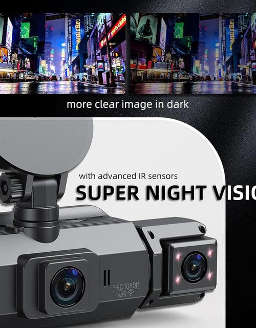 Load image into Gallery viewer, Dual Full HD Dash Camera with Front and Rear Coverage, Built-In WiFi, 64GB Card, 4&quot; IPS Screen, Enhanced Night Vision, HDR, App Control, and 24-Hour Parking Monitoring
