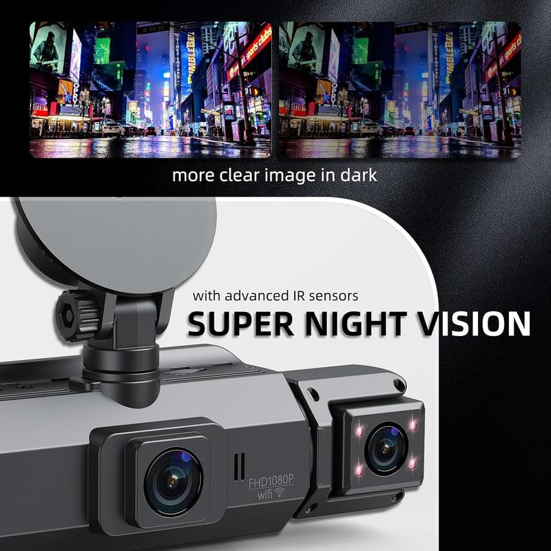 Dual Full HD Dash Camera with Front and Rear Coverage, Built-In WiFi, 64GB Card, 4" IPS Screen, Enhanced Night Vision, HDR, App Control, and 24-Hour Parking Monitoring