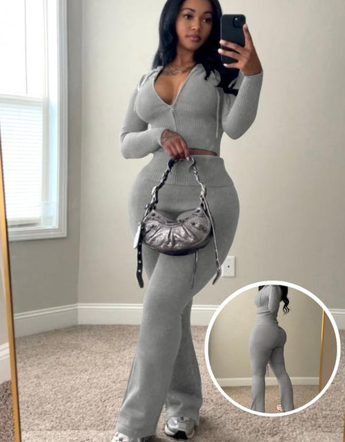 Load image into Gallery viewer, Usboutique Women&#39;s Chic 2-Piece Sweatsuit - Yellow Zip-Up Hoodie with Pockets and Flare Yoga Pants, Trendy Lounge Set for Casual Fall/Winter Wear, Athleisure Apparel
