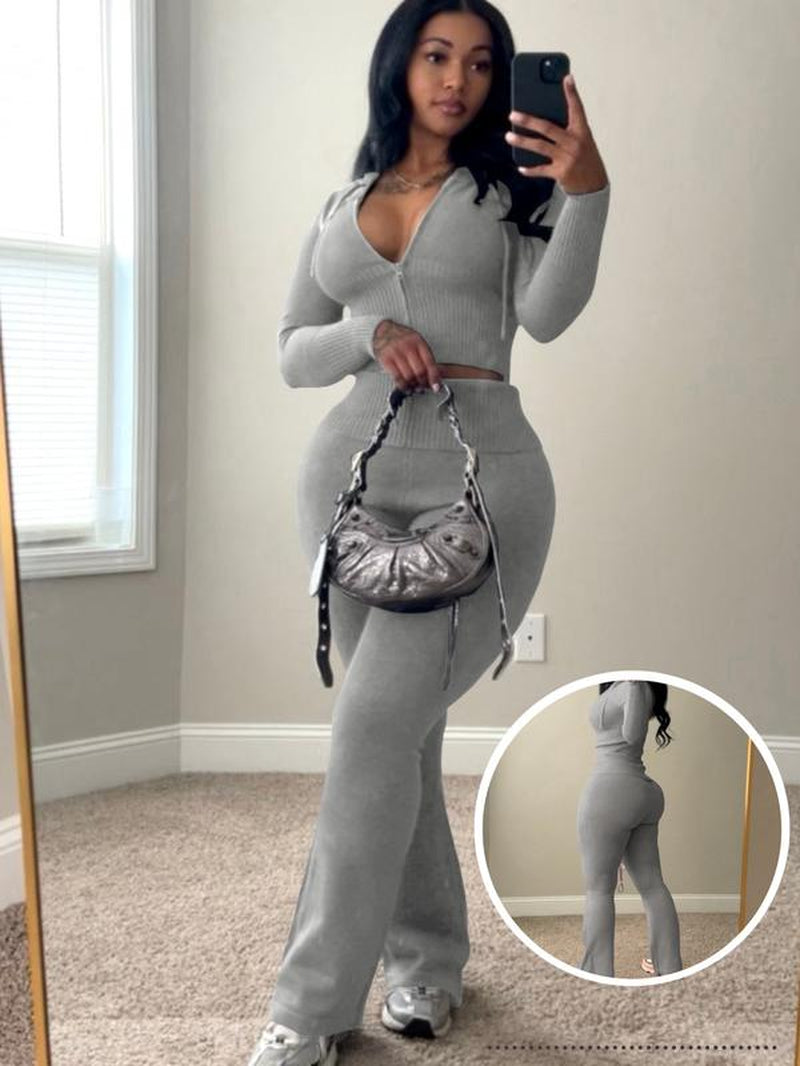 Usboutique Women's Chic 2-Piece Sweatsuit - Yellow Zip-Up Hoodie with Pockets and Flare Yoga Pants, Trendy Lounge Set for Casual Fall/Winter Wear, Athleisure Apparel