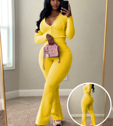 Usboutique Women's Chic 2-Piece Sweatsuit - Yellow Zip-Up Hoodie with Pockets and Flare Yoga Pants, Trendy Lounge Set for Casual Fall/Winter Wear, Athleisure Apparel