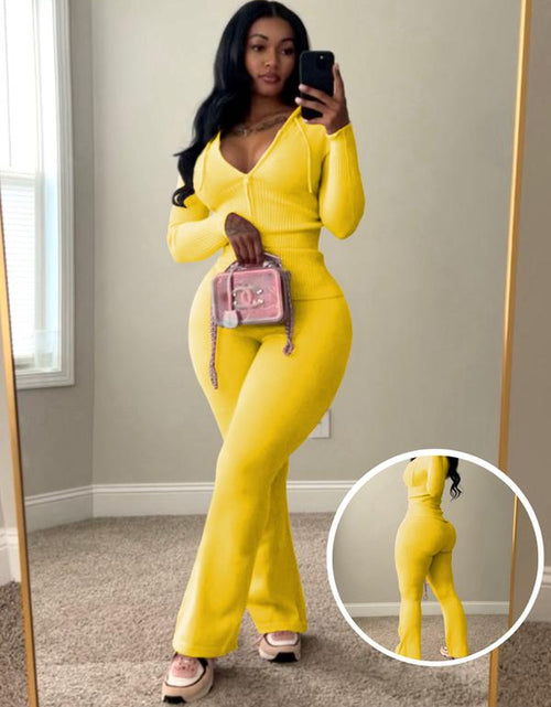 Load image into Gallery viewer, Usboutique Women&#39;s Chic 2-Piece Sweatsuit - Yellow Zip-Up Hoodie with Pockets and Flare Yoga Pants, Trendy Lounge Set for Casual Fall/Winter Wear, Athleisure Apparel
