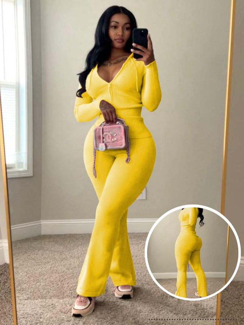 Usboutique Women's Chic 2-Piece Sweatsuit - Yellow Zip-Up Hoodie with Pockets and Flare Yoga Pants, Trendy Lounge Set for Casual Fall/Winter Wear, Athleisure Apparel