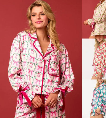 Women's Christmas Pajama Set - Santa and Tree Print Button-Up Long Sleeve Top with Shorts, Cotton Loungewear Outfit, 2 Pieces