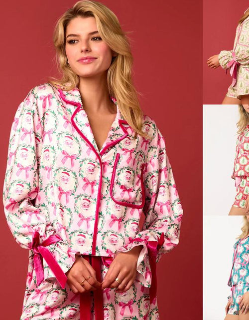 Load image into Gallery viewer, Women&#39;s Christmas Pajama Set - Santa and Tree Print Button-Up Long Sleeve Top with Shorts, Cotton Loungewear Outfit, 2 Pieces
