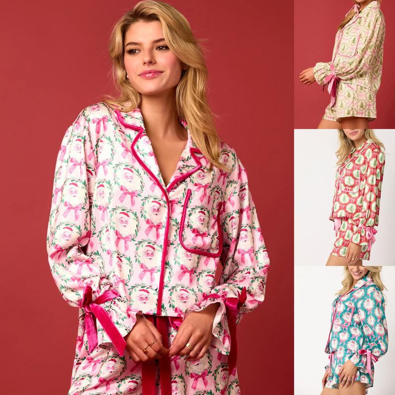Women's Christmas Pajama Set - Santa and Tree Print Button-Up Long Sleeve Top with Shorts, Cotton Loungewear Outfit, 2 Pieces