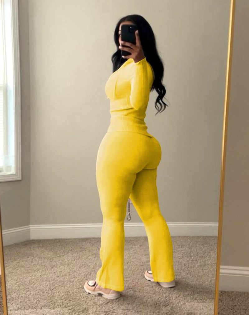 Usboutique Women's Chic 2-Piece Sweatsuit - Yellow Zip-Up Hoodie with Pockets and Flare Yoga Pants, Trendy Lounge Set for Casual Fall/Winter Wear, Athleisure Apparel