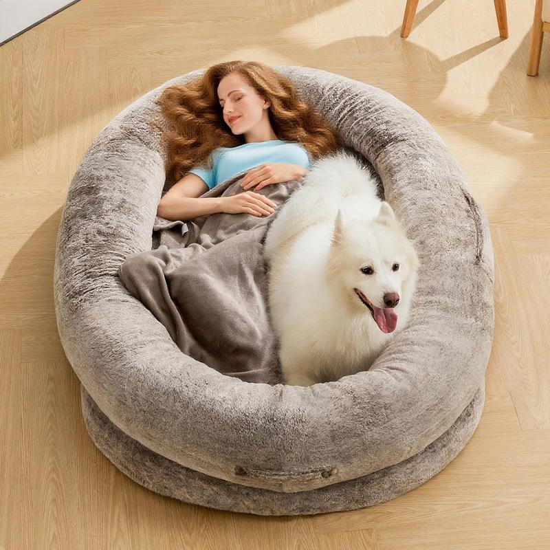XL Orthopedic Faux Fur Dog Bed for Adults and Pets | Cozy Lounger with Pillow and Blanket | Washable Bedding, Ideal Gift for Pet Enthusiasts