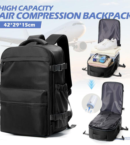 Professional Vacuum Travel Backpack with Integrated Pump for Women and Men, Flight-Approved Dimensions 18x14x8 Inches, Waterproof Compression Bag for Laptops and Leisure Activities