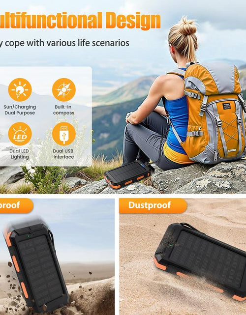 Load image into Gallery viewer, Solar-Powered Portable Charger with Dual USB Output and Flashlight, Wireless Car Charging Capability, Ideal for Travel and Electronic Devices

