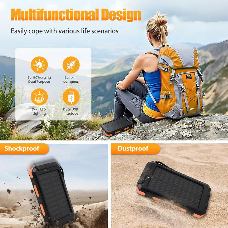 Solar-Powered Portable Charger with Dual USB Output and Flashlight, Wireless Car Charging Capability, Ideal for Travel and Electronic Devices