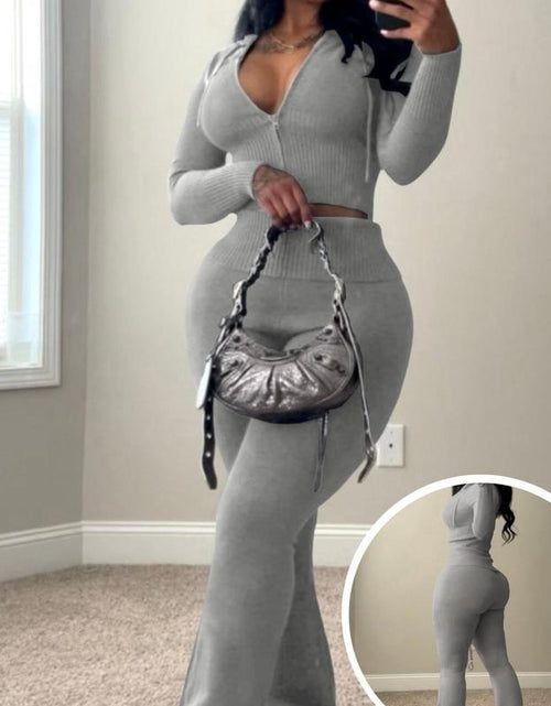 Load image into Gallery viewer, Usboutique Women&#39;s Chic 2-Piece Sweatsuit - Yellow Zip-Up Hoodie with Pockets and Flare Yoga Pants, Trendy Lounge Set for Casual Fall/Winter Wear, Athleisure Apparel
