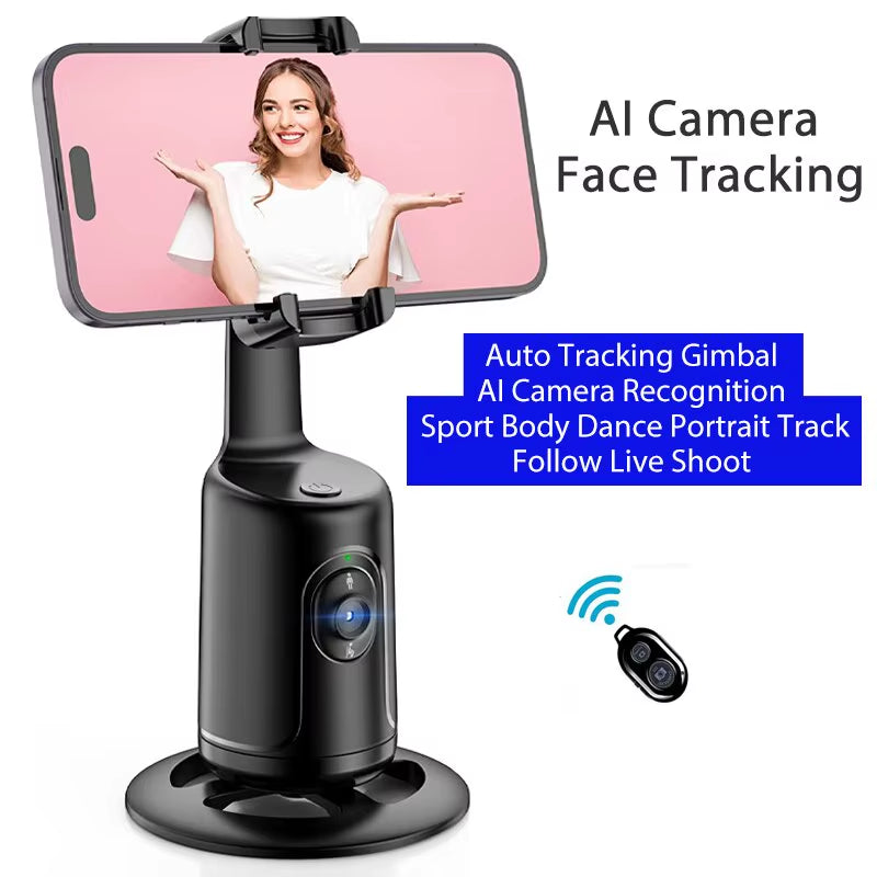 Auto Tracking Gimbal Stabilizer with AI Camera Recognition for Body and Face Tracking, 360° Rotation, Intelligent Follow, and Live Streaming Phone Mount