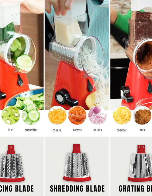 Load image into Gallery viewer, Rotary Cheese Grater Hand Crank, Stainless Steel Rotary Graters for Kitchen with 3 Blades, Vegetable Slicer, Cheese Grater with Suction Cup Base, Dishwasher Safe
