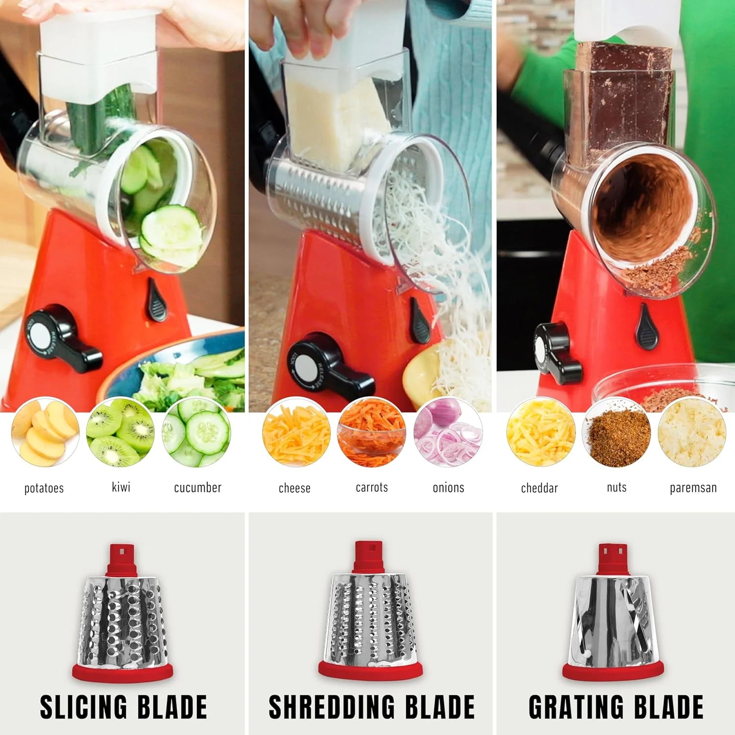 Rotary Cheese Grater Hand Crank, Stainless Steel Rotary Graters for Kitchen with 3 Blades, Vegetable Slicer, Cheese Grater with Suction Cup Base, Dishwasher Safe