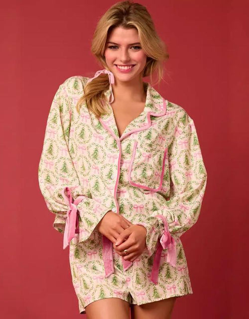 Load image into Gallery viewer, Women&#39;s Christmas Pajama Set - Santa and Tree Print Button-Up Long Sleeve Top with Shorts, Cotton Loungewear Outfit, 2 Pieces
