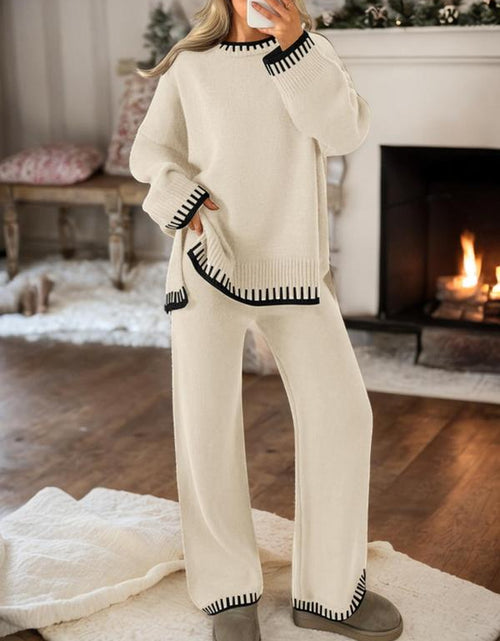 Load image into Gallery viewer, Women&#39;s 2-Piece Sweater Set: Long Sleeve Colorblock Crew Neck Top and Wide Leg Pants for Casual Fall and Winter Wear
