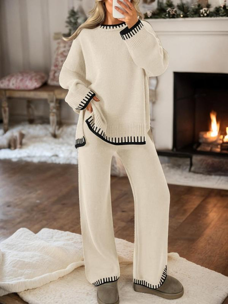 Women's 2-Piece Sweater Set: Long Sleeve Colorblock Crew Neck Top and Wide Leg Pants for Casual Fall and Winter Wear