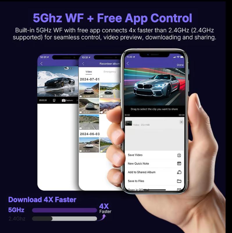 Dual Full HD Dash Camera with Front and Rear Coverage, Built-In WiFi, 64GB Card, 4" IPS Screen, Enhanced Night Vision, HDR, App Control, and 24-Hour Parking Monitoring