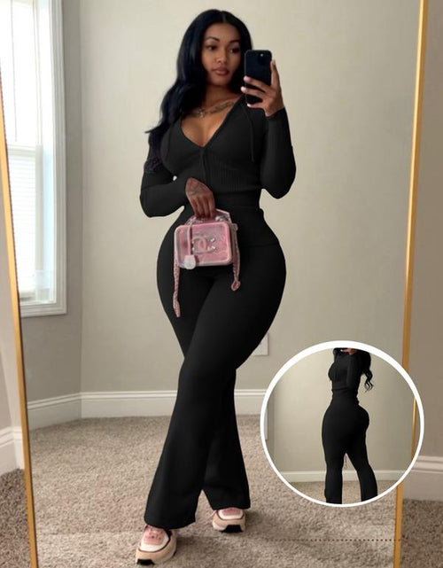 Load image into Gallery viewer, Usboutique Women&#39;s Chic 2-Piece Sweatsuit - Yellow Zip-Up Hoodie with Pockets and Flare Yoga Pants, Trendy Lounge Set for Casual Fall/Winter Wear, Athleisure Apparel
