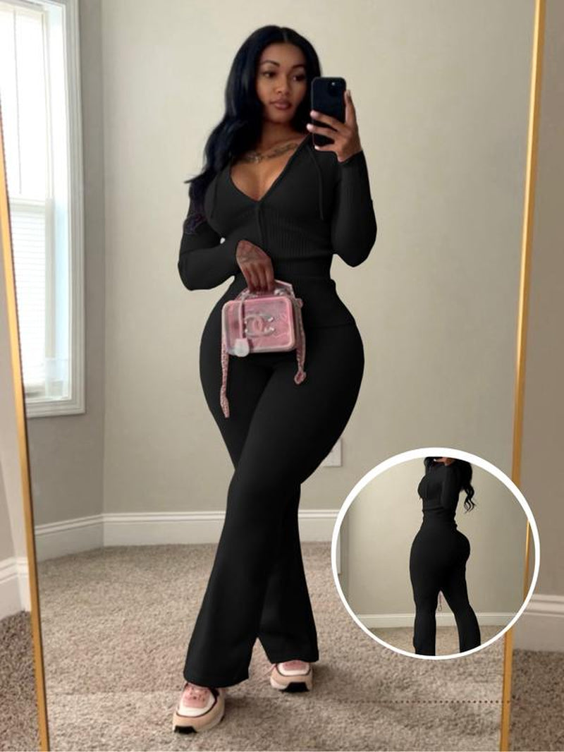 Usboutique Women's Chic 2-Piece Sweatsuit - Yellow Zip-Up Hoodie with Pockets and Flare Yoga Pants, Trendy Lounge Set for Casual Fall/Winter Wear, Athleisure Apparel