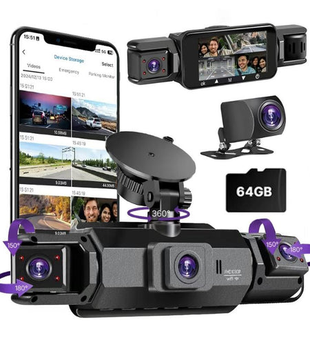 Dual Full HD Dash Camera with Front and Rear Coverage, Built-In WiFi, 64GB Card, 4" IPS Screen, Enhanced Night Vision, HDR, App Control, and 24-Hour Parking Monitoring