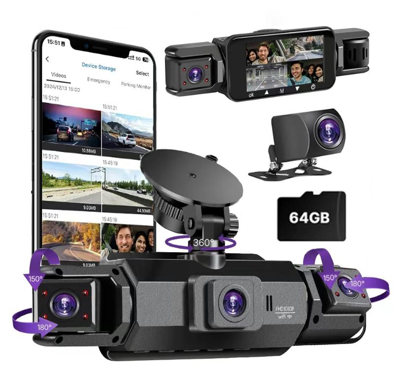 Dual Full HD Dash Camera with Front and Rear Coverage, Built-In WiFi, 64GB Card, 4" IPS Screen, Enhanced Night Vision, HDR, App Control, and 24-Hour Parking Monitoring