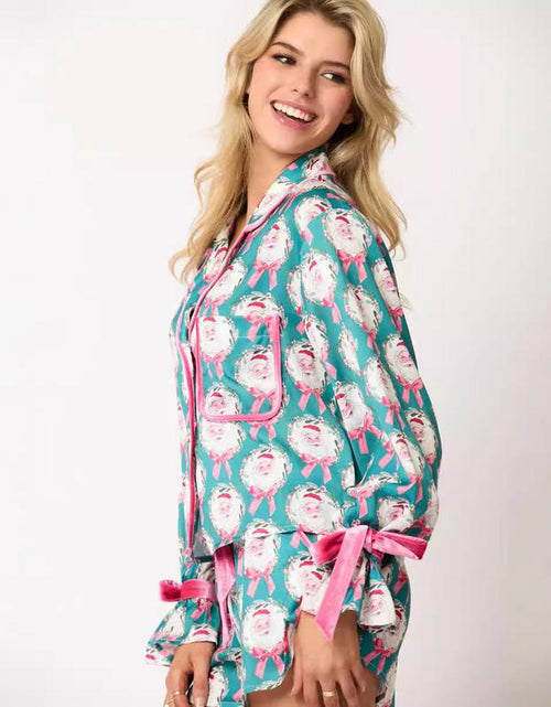 Load image into Gallery viewer, Women&#39;s Christmas Pajama Set - Santa and Tree Print Button-Up Long Sleeve Top with Shorts, Cotton Loungewear Outfit, 2 Pieces
