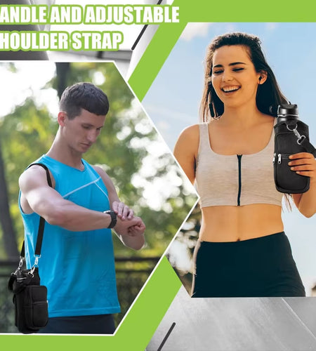 Magnetic Water Bottle Carrier with Phone Pocket and Shoulder Strap - Features 6 Built-In Magnets