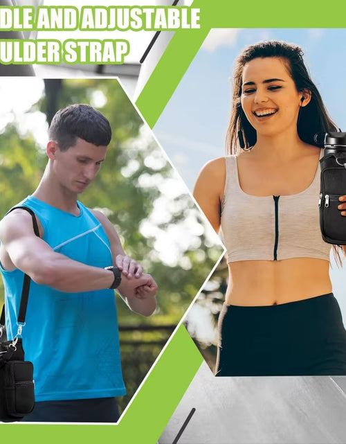 Load image into Gallery viewer, Magnetic Water Bottle Carrier with Phone Pocket and Shoulder Strap - Features 6 Built-In Magnets
