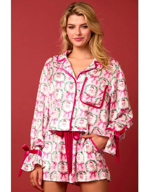 Load image into Gallery viewer, Women&#39;s Christmas Pajama Set - Santa and Tree Print Button-Up Long Sleeve Top with Shorts, Cotton Loungewear Outfit, 2 Pieces
