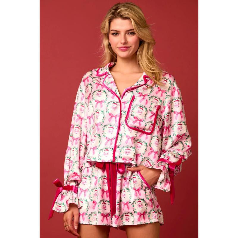 Women's Christmas Pajama Set - Santa and Tree Print Button-Up Long Sleeve Top with Shorts, Cotton Loungewear Outfit, 2 Pieces