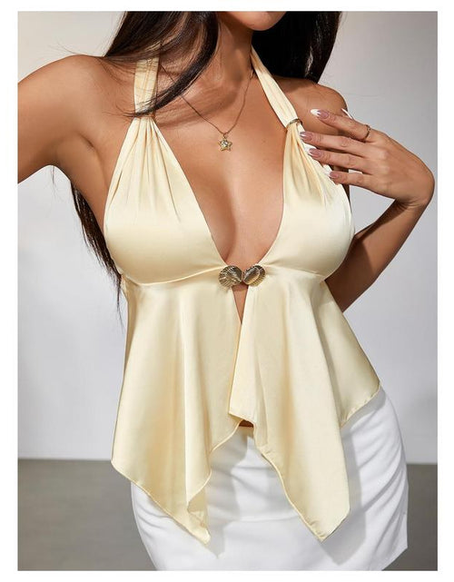 Load image into Gallery viewer, Satin Halter Top with Metal Ring Detail and Asymmetrical Ruffle Design
