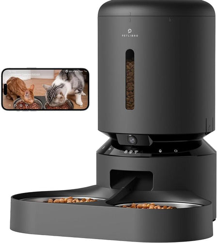PETLIBRO Smart Automatic Cat Feeder with Camera for Dual Pet Use, 1080P HD Video and Night Vision, 5G WiFi Connectivity, Two-Way Audio, Low Food and Motion Alerts, Dual Tray Design, 5L Capacity, Black