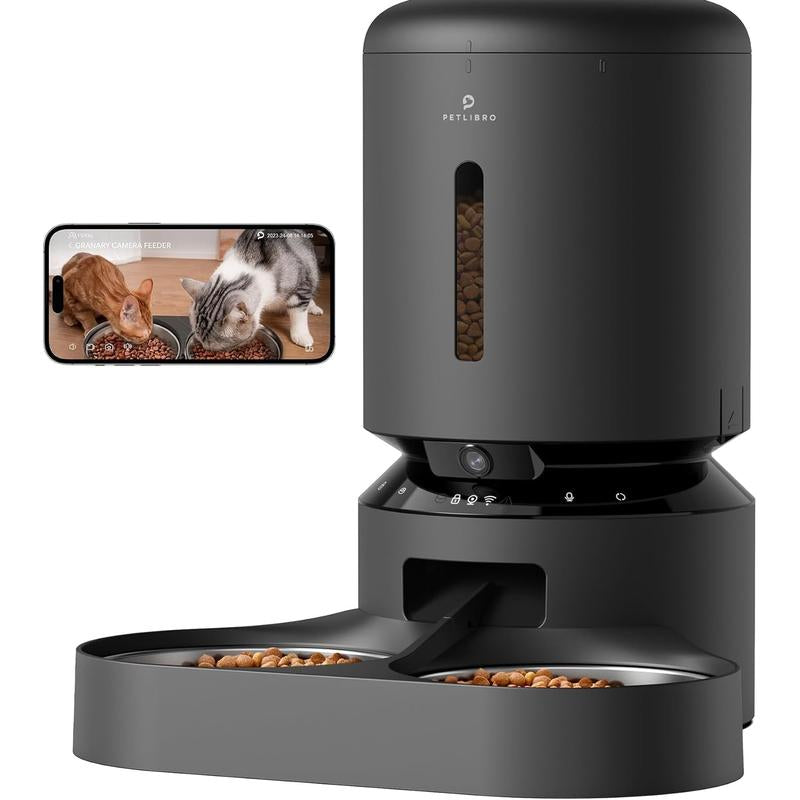 PETLIBRO Smart Automatic Cat Feeder with Camera for Dual Pet Use, 1080P HD Video and Night Vision, 5G WiFi Connectivity, Two-Way Audio, Low Food and Motion Alerts, Dual Tray Design, 5L Capacity, Black