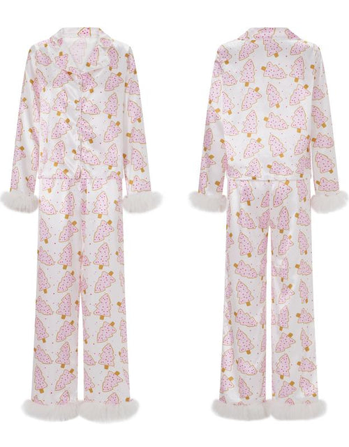 Load image into Gallery viewer, Women&#39;s Holiday Pajama Set with Santa Claus, Christmas Tree, and Boots Print - Plush Cuff Top and Pants for Festive Home Wear
