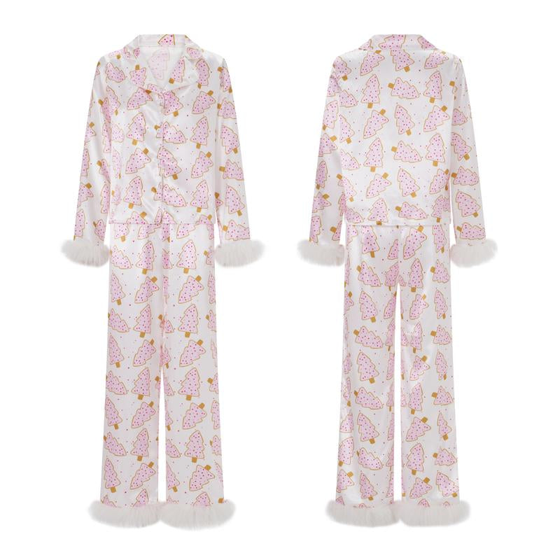 Women's Holiday Pajama Set with Santa Claus, Christmas Tree, and Boots Print - Plush Cuff Top and Pants for Festive Home Wear