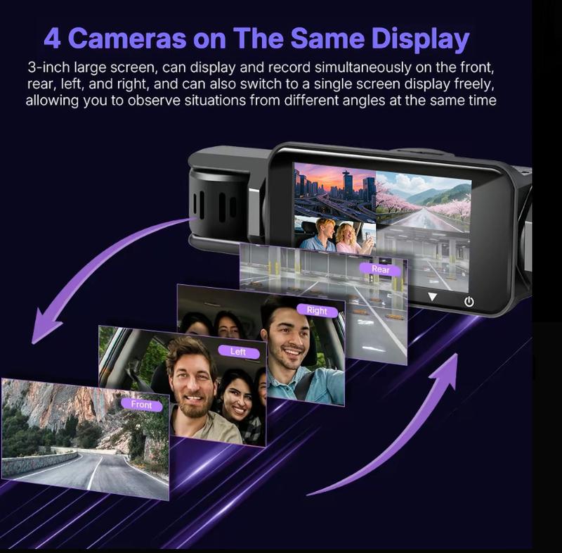 Dual Full HD Dash Camera with Front and Rear Coverage, Built-In WiFi, 64GB Card, 4" IPS Screen, Enhanced Night Vision, HDR, App Control, and 24-Hour Parking Monitoring