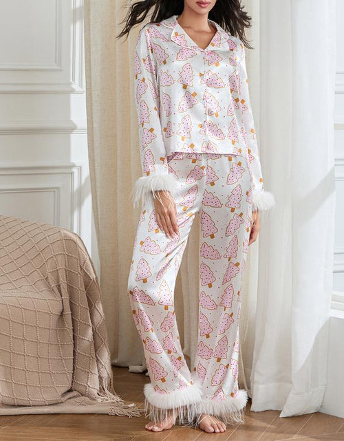 Load image into Gallery viewer, Women&#39;s Holiday Pajama Set with Santa Claus, Christmas Tree, and Boots Print - Plush Cuff Top and Pants for Festive Home Wear
